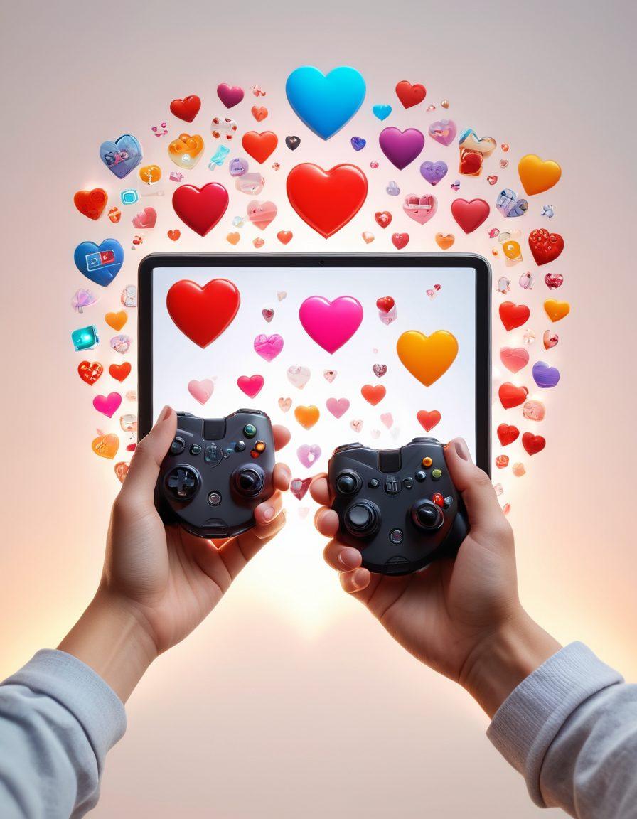 A couple holding hands, immersed in a digital world filled with heart icons, game controllers, and vibrant mobile screens. Each screen showcases different couples playing romantic games together, with cozy, warm lighting in the background. The image should evoke a sense of love, connection, and fun through technology. super-realistic. vibrant colors. white background.
