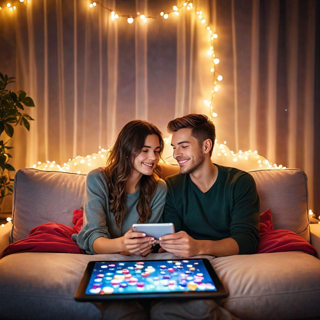 A couple sitting on a cozy sofa, engrossed in a romantic game on a tablet. Surround them with floating hearts, soft glowing fairy lights, and a background showing an online game lobby. Include a phone on the table displaying another romantic game. Super-realistic. Vibrant colors. Warm and inviting atmosphere.