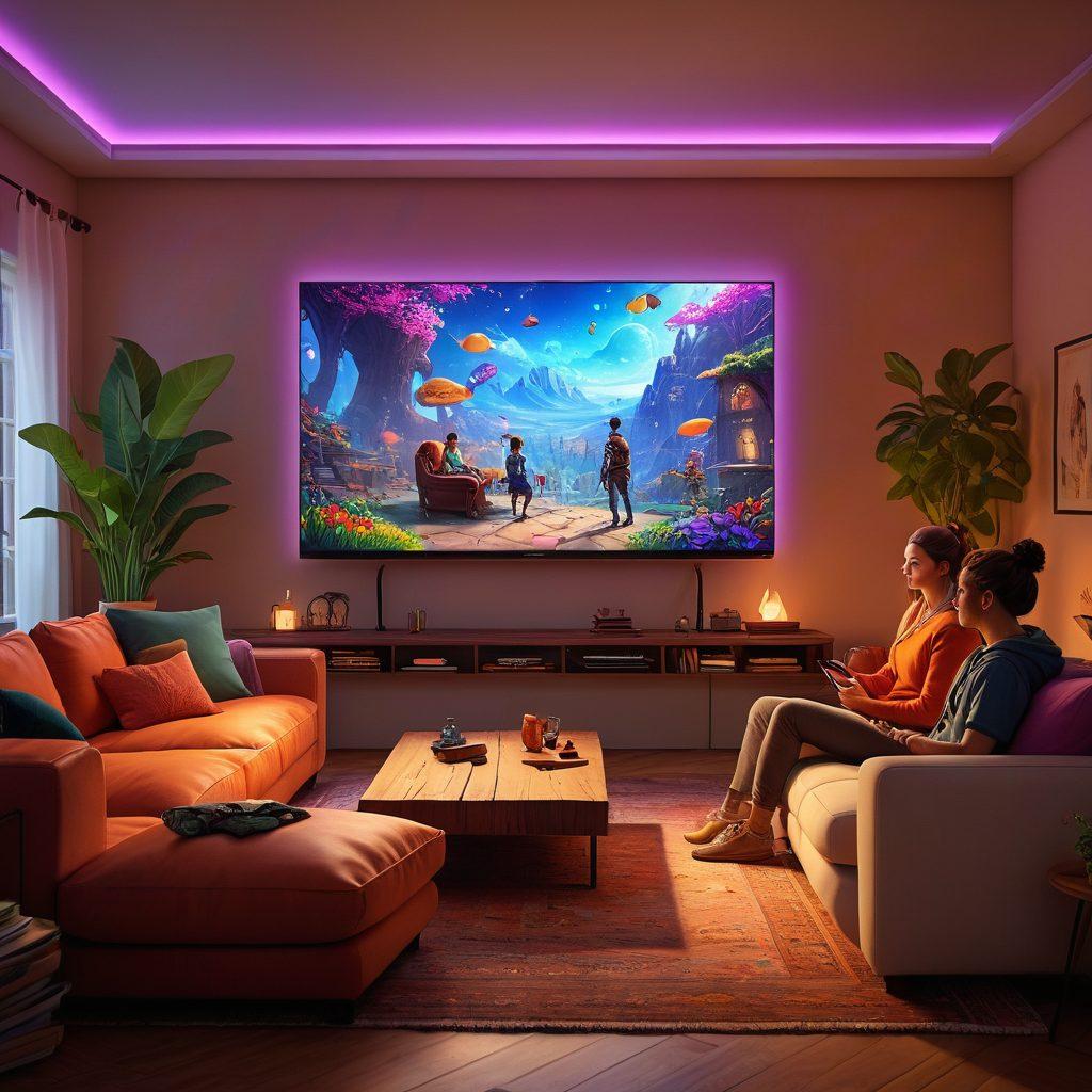 A cozy living room setting with a couple engaged in an enthusiastic multiplayer game on a large screen TV, surrounded by glowing ambient lights. The characters in the game should be vivid and exciting, showcasing diverse fantasy elements. There could be playful competing expressions on their faces. vibrant colors. super-realistic.